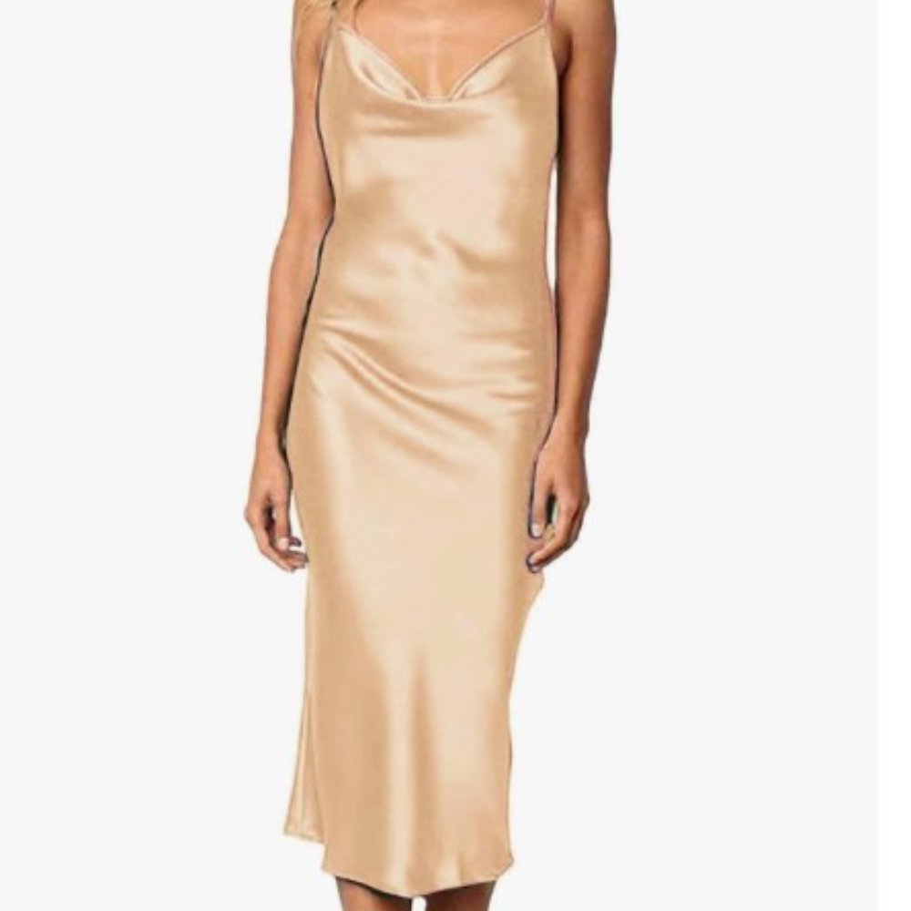 Satin Midi Dress with Cowl Neck and Spaghetti Straps | Yimeili